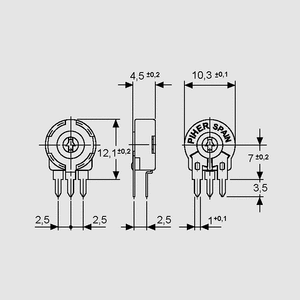 PTC10LH01-503 Cermet Trim. stående RM2,5/5 50K Abmessungen