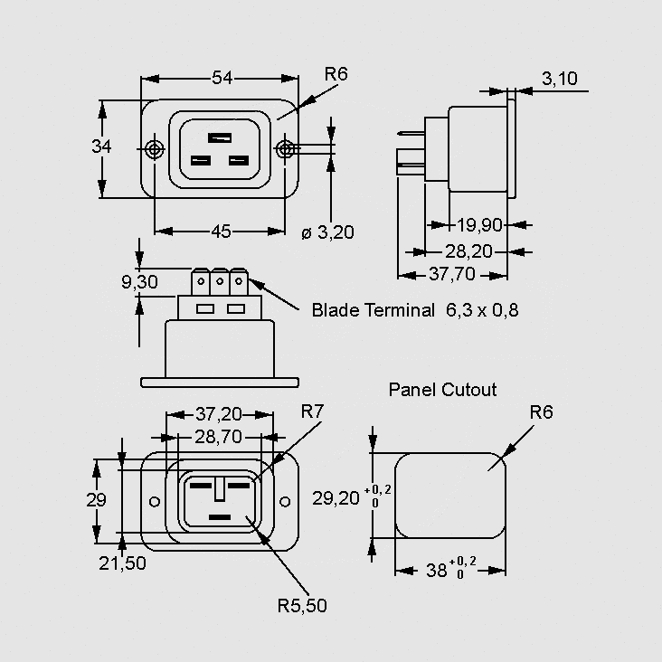 IEC Power Connector C19 ,250VAC 16A Spacing=45mm. Elektronik Lavpris Aps