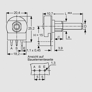 P20MGK220-4MM Potentiometer 20/4 Mono LOG 220K (20mm hus) Dimensions