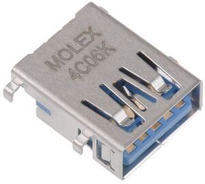48394-0003 Molex Type A USB konnektor, 1 Porte Version 3.0, Hun, Retvinklet, Hulmontering, 30 V, 1.8A, 48394, 483940003