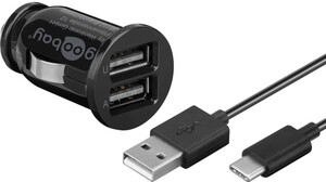 W58820 Billader 2.1A, 2x USB A > USB C smartphone oplader til cigartænder i bilen med to udgange usb c kabel medfølger