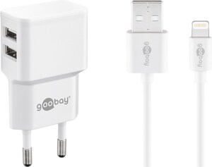 W44979 Dobbelt USB-A Apple Lightning oplader 2.4 A, hvid Dobbelt Apple Lightning oplader til iPhone iPad ipod hvid