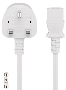 W45760 UK - cold-device cord, 2 m, white UK 3-pin male (Type G, BS 1363) > Device socket C13 (IEC connection)