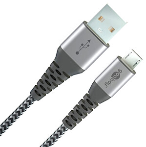 W49282 Micro USB > USB-A, textil, grå/sølv, 1 meter usb laderkabel til smartphone micro til usb a textil længde 1 meter
