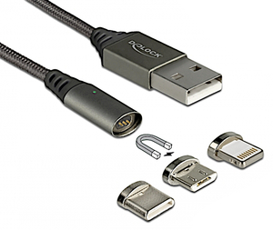 85705 Magnetisk USB kabel: Lightning / Micro USB / USB C 3-i-1 opladerkabel til smartphone lightning, micro og usb-c adapter