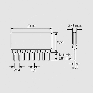 RNY10PE220 SIL-Resistor 5R/10P 220R Dimensions