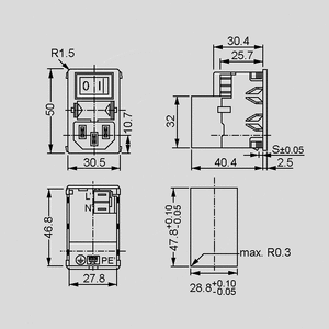 KMF1-1111-11 Line Filter IEC Plug Switch Fuse KMF 1A Dimensions