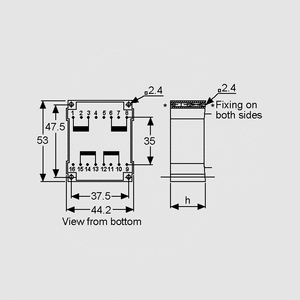 BVUI3030145 Transformer 6VA 2x115V 2x12V 2x250mA Dimensions