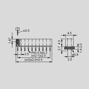 MBL220G Female Header 2R Straight 2x20-Pole Au Dimensions