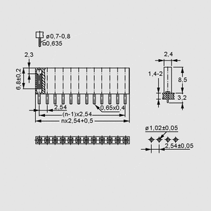 BL110TG Female Header 1R Straight 1x10-Pole Au Dimensions