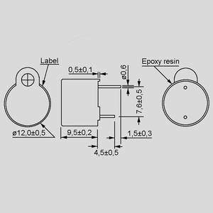 PB12N23MP05Q Buzzer 12mm PC 5VDC 50mA 85dB højde: 7,5mm. PB12N23P_Q<br>Dimensions