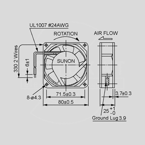 SF23080AT2082HSL 230V AC ventilator 80x25 29m³/h 29dBA Sleeve Dimensions