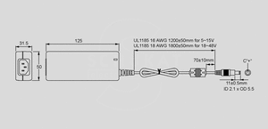 GST40A24-P1J SPS Desktop 40W 24V/1,67A Dimensions and Terminal Pin Assignment