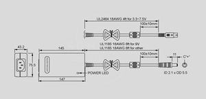 MES50A-1-1R1B SPS Desktop 40W 7,5V/5,33A. Medical Dimensions and Terminal Pin Assignment