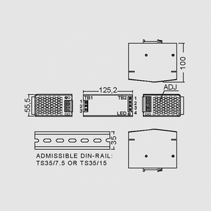 DR-75-12 SPS DIN-Rail 76W 12V/6,3A Dimensions and Terminal Pin Assignment
