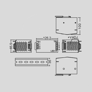 DRH-120-24 SPS DIN-Rail 120W 24V/5A Dimensions and Terminal Pin Assignment