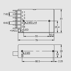 RS-25-12 SPS Case 25W 12V/2,1A Dimensions and Terminal Pin Assignment