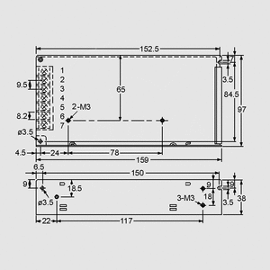 RS-100-3,3 SPS Case 66W 3,3V/20A Dimensions and Terminal Pin Assignment