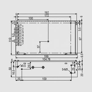 S-150-24 SPS Case 156W 24V/6,5A Dimensions and Terminal Pin Assignment