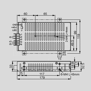 SP-75-12 SPS Case 75W PFC 12V/6,3A Dimensions and Terminal Pin Assignment