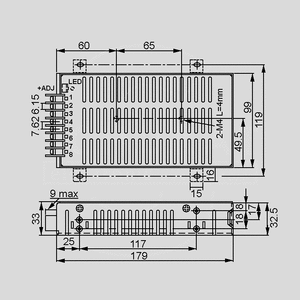 TP-75C SPS Case 75W PFC 5/15/-15V Dimensions and Terminal Pin Assignment