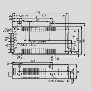 SP-100-7,5 SPS Case 101W PFC 7,5V/13,5A Dimensions and Terminal Pin Assignment