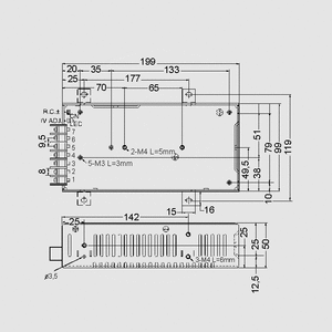 SP-150-13,5 SPS Case 151W PFC 13,5V/11,2A Dimensions and Terminal Pin Assignment