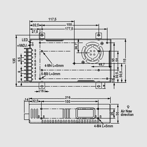 SP-320-13,5 SPS Case 297W PFC 13,5V/22A Dimensions and Terminal Pin Assignment
