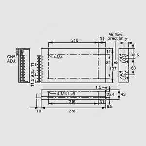 SP-480-3,3 SPS Case 280W PFC 3,3V/85A Dimensions and Terminal Pin Assignment