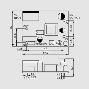 NFM-05-24 SPS Open Frame 5,5W 24V/0,23A Dimensions and Terminal Pin Assignment