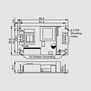 NFM-20-3,3 SPS Open Frame 14,8W 3,3V/4,5A Dimensions and Terminal Pin Assignment