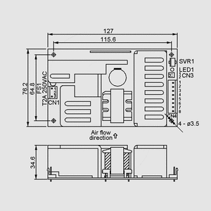 PPS-125-27 SPS Open Frame 102W PFC 27V/3,8A Dimensions and Terminal Pin Assignment