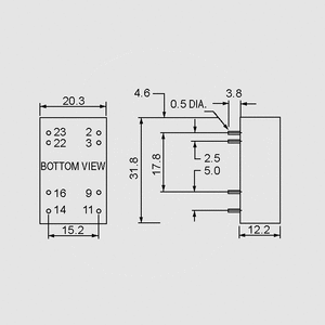 SCW03C-12 DC/DC-Conv 36-72V: +12V 250mA 3W Dimensions and Terminal Pin Assignment