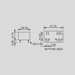 FDD0305D DC/DC-Conv 20-60V:+/-5V 250mA 2,5W Dimensions and Terminal Pin Assignment