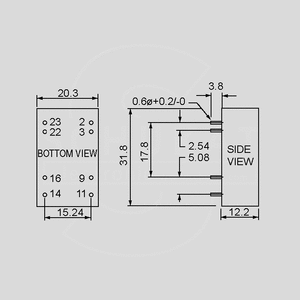 SCW05A-12 DC/DC-Conv 9-18V:+12V 470mA 5,6W Dimensions and Terminal Pin Assignment