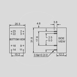 DCW05C-12 DC/DC-Conv 36-72V:+/-12V 230mA 5W Dimensions and Terminal Pin Assignment