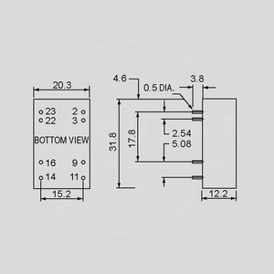 SCW08A-15 DC/DC-Conv 9-18V: +15V 533mA 8W Dimensions and Terminal Pin Assignment
