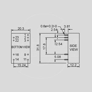 SCW12C-05 DC/DC-Conv 36-72V:+5V 2400mA 12W Dimensions and Terminal Pin Assignment