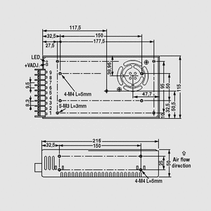 SD-350B-24 DC/DC-Conv 19-36V:24V 14,6A 350W Dimensions and Terminal Pin Assignment