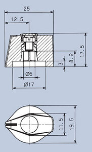 MENTOR 499.60 Aluminiumsknap for 6mm aksel, 25/19,5 x 17,5mm, ALU, MED indikatorstreg