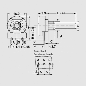 P16MLM002,2 Potentiometer 16/4 Mono Lin 2,2M Dimensions