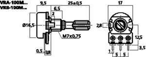 VRA-100M1 Potentiometer LOGARITMISK Mono 1KOhm Tegning