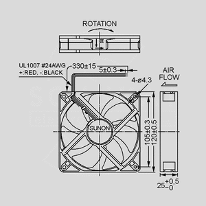 MEC0252V1-A99 Fan 24V 120x25 V 183,8m³/h 44,5dBA Dimensions