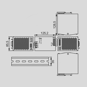 WDR-480-24 SPS DIN-Rail 480W 24V/20A Dimensions and Terminal Pin Assignment