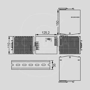TDR-960-24 TDR Switchmode DIN-skinnemonteret strømforsyning, 960W, 24VDC Dimensions and Terminal Pin Assignment
