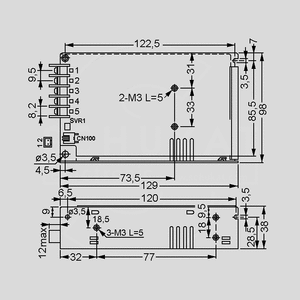 HRP-75-3.3 SPS Case 49W PFC 3,3V/15A Dimensions and Terminal Pin Assignment