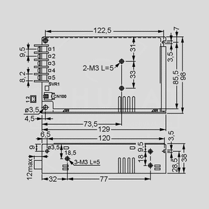 HRP-75-15 SPS Case 75W PFC 15V/5A Dimensions and Terminal Pin Assignment