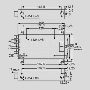 MSP-300-3.3 SPS Medical 198W 3,3V/60A Dimensions and Terminal Pin Assignment
