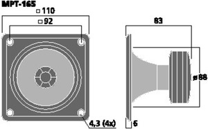 MPT-165 Piezohorn 225W 8Ohm 110 x 110 x 83mm MPT-165 Tegning