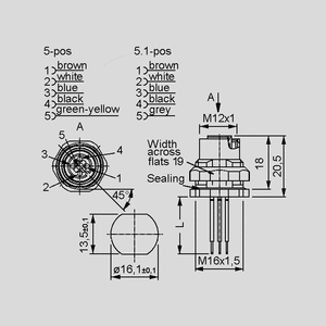 SAL-12-FKH5-0.5 Female Socket with Wires 5-Pole Back SAL-12-FKH_<br>Dimensions